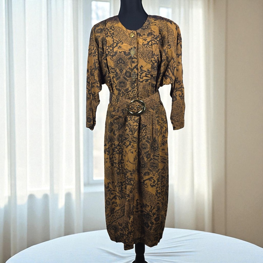 Positive Influence Vintage Paisley Midi Dress Woman Medium Button Front Belted‎